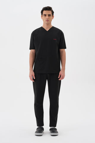 Erkek V Yaka Kanguru Cepli Tshirt Siyah