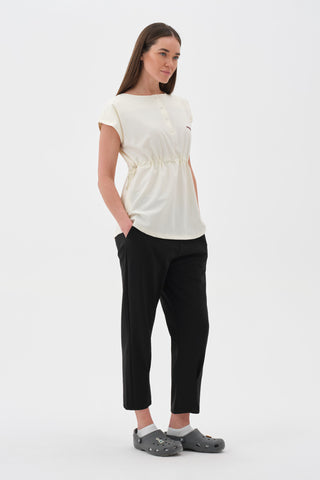 Kadın Beli Lastikli Kısa Kol Tshirt Ekru