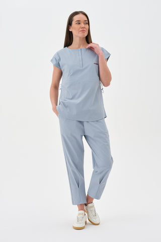 Kadın Beli Lastikli Kısa Kol Tshirt Buz Mavisi