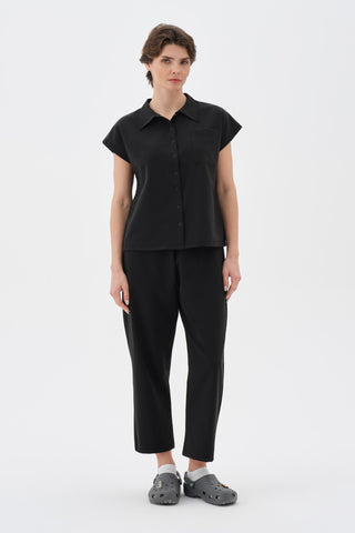 Kadın Çıtçıtlı Yarasa Kollu Gömlek Siyah