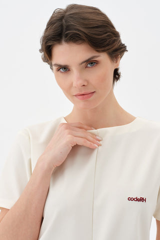 Women's Side Pocket, Back Zip T-shirt, Model 28, Ecru