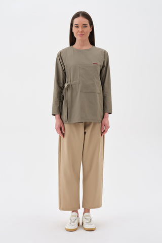 Kadın Yandan Bağlamalı Büyük Cepli Uzun Kollu Tshirt Vizon