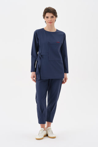 Kadın Yandan Bağlamalı Büyük Cepli Uzun Kollu Tshirt Indigo