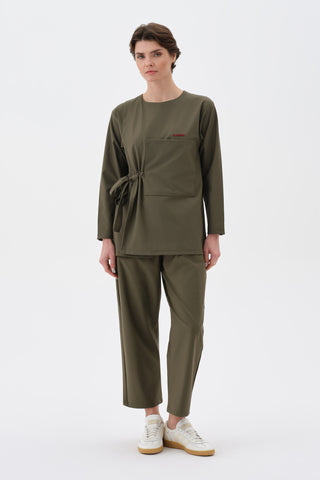 Kadın Yandan Bağlamalı Büyük Cepli Uzun Kollu Tshirt Haki