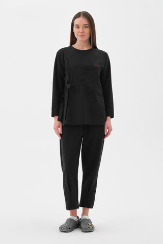 Kadın Yandan Bağlamalı Büyük Cepli Uzun Kollu Tshirt Siyah