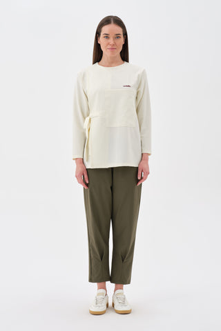 Kadın Yandan Bağlamalı Büyük Cepli Uzun Kollu Tshirt Ekru